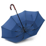 Blue Curved Wooden Handle Double Vent Canopy Stick Rain Straight Umbrella