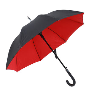 High Quality Windproof Staight Black Red Double Layer Stick Rain Umbrella with Curved Handle