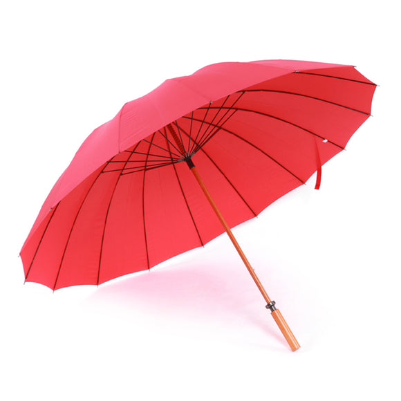 16 Rib Red Color Fiberglass Frame Windproof Wood Shaft Straight Handle Golf Umbrella