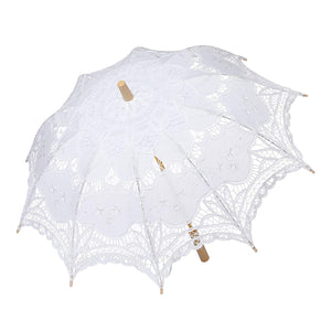 White Ladies Craft Lace Cotton Embroidered Wedding Parasol Umbrella